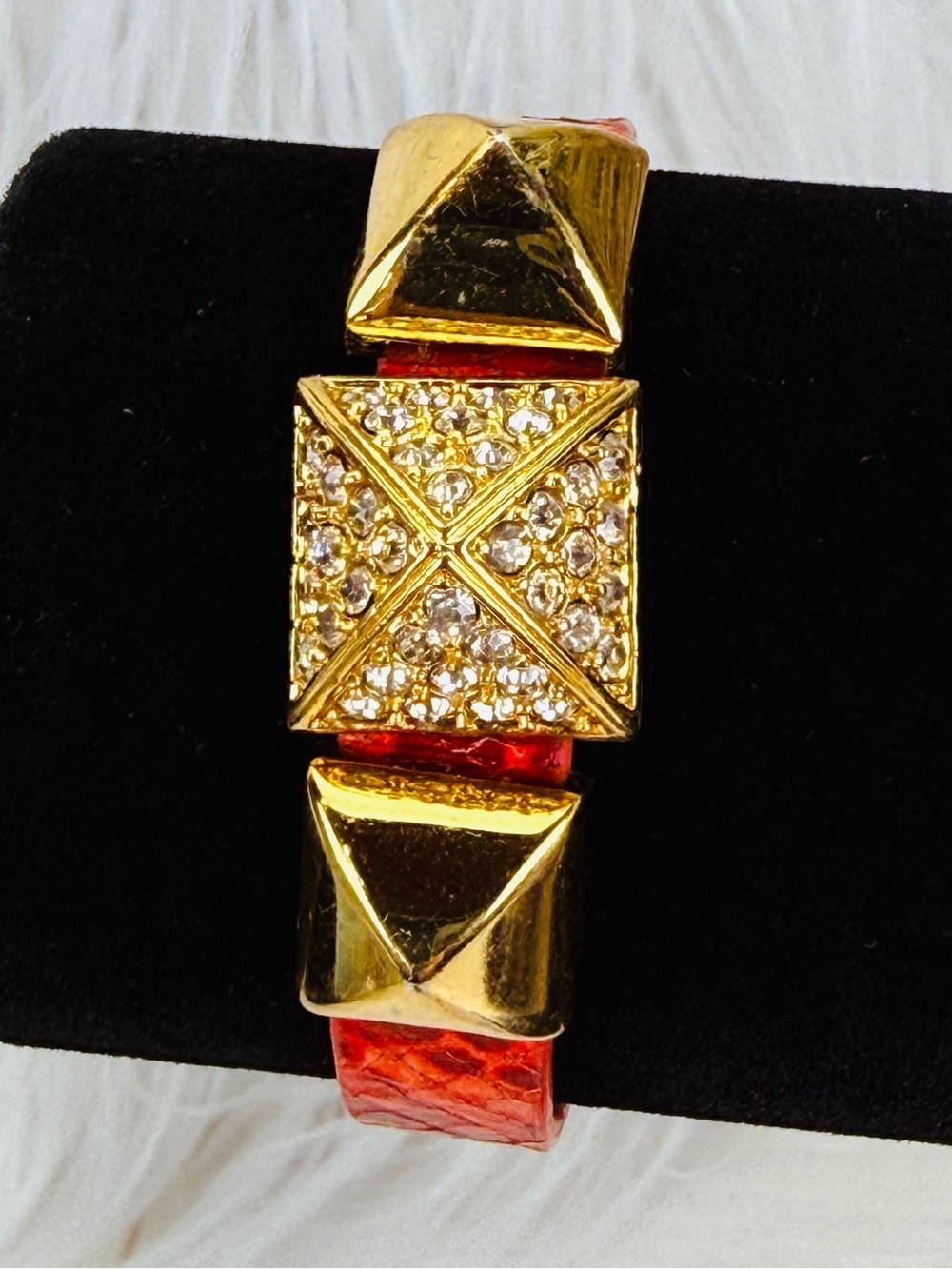 Goldtone Pyramid Crystal Accent Red Faux Leather Reptile Print Bracelet